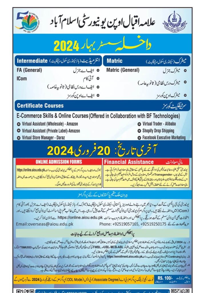 Aiou matric and FA Admission 2024