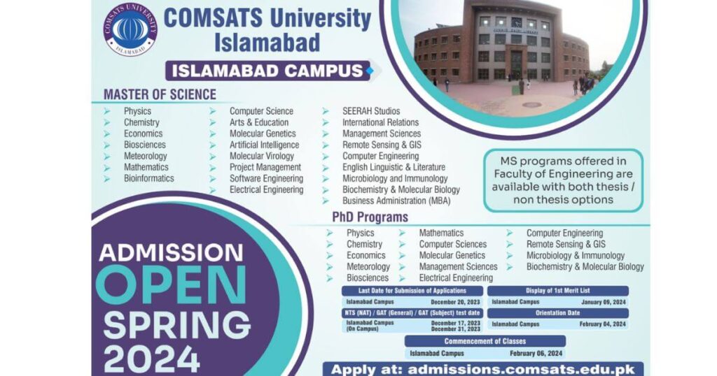 Comsats University Islamabad admission 2023 last date